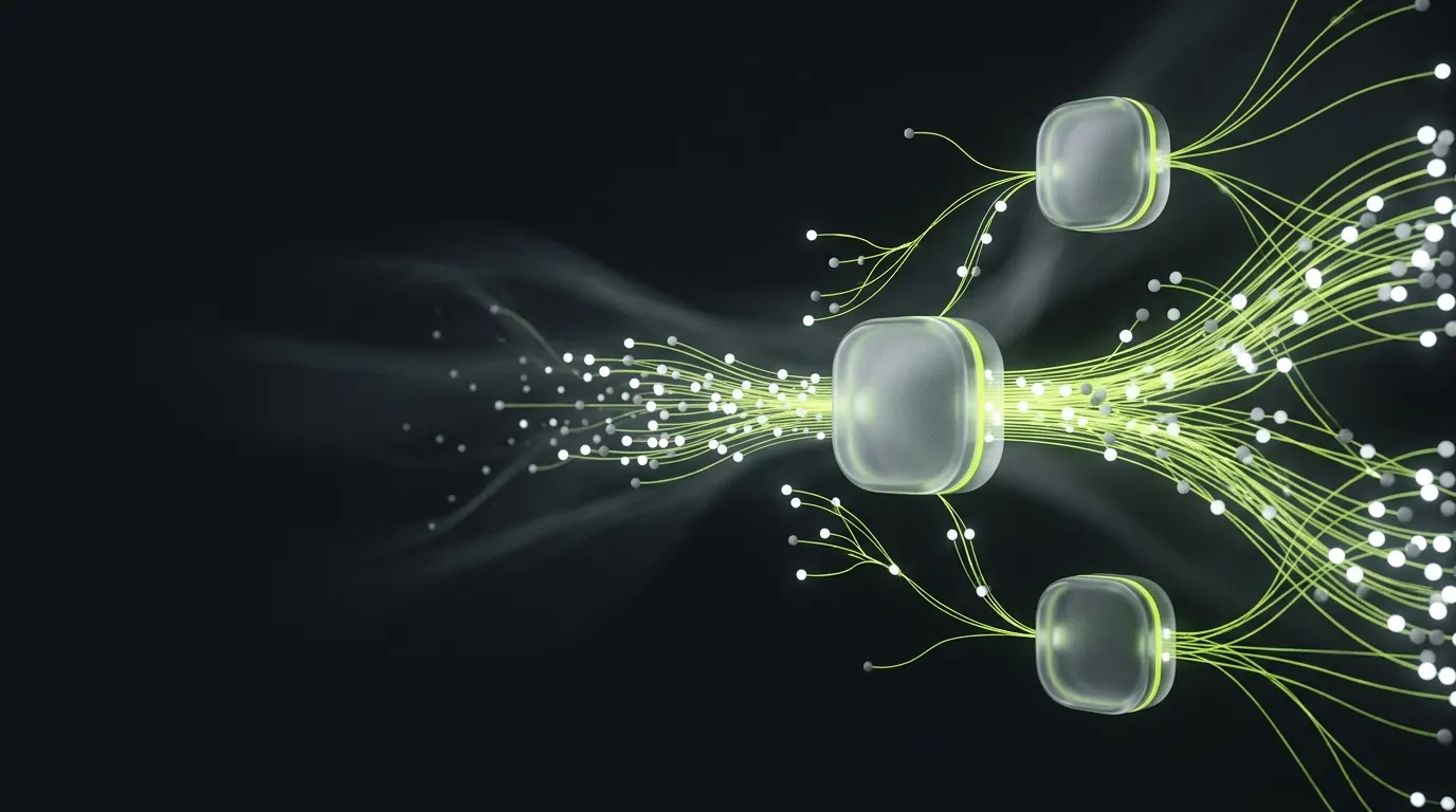 Yapay zekâ iş akışını temsil eden soyut illüstrasyon: düğümlerden geçen ışık lifleri