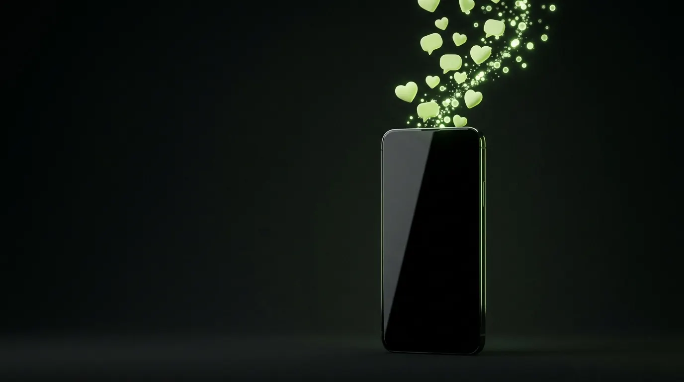 Instagram ve Facebook reklamlarını temsil eden soyut illüstrasyon: telefon ve etkileşim simgeleri